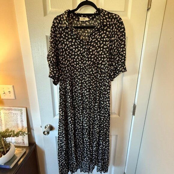 Natural Life, Rebecca Tiered Midi Dress - Black Cream Roses - Large - Picture 1 of 5